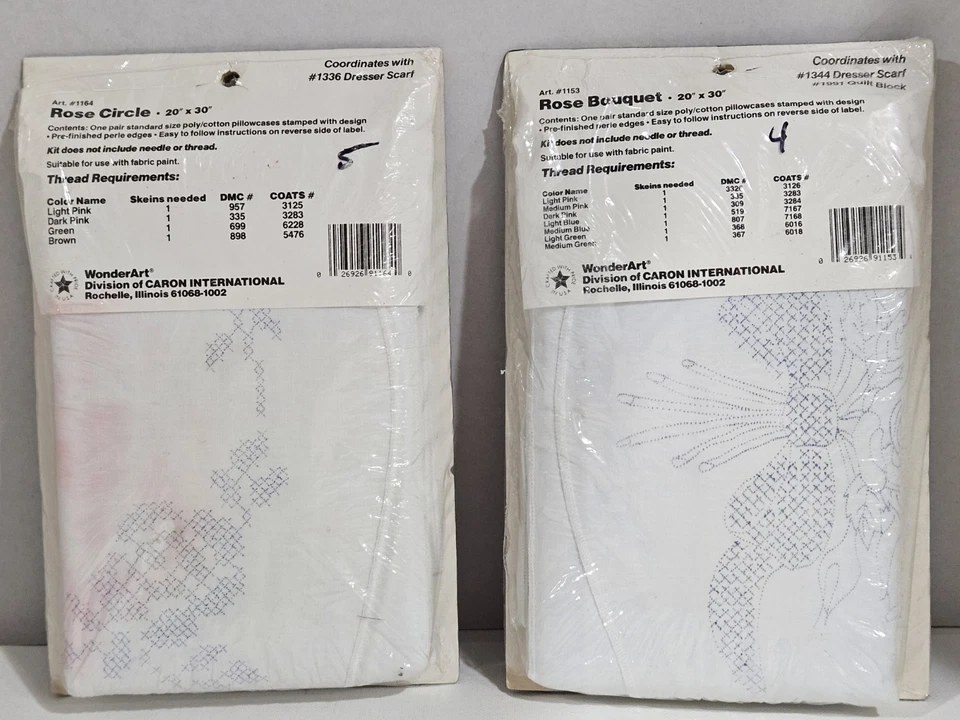 WonderArt Pillowcases~Stamped Pattern~Roses~2 Sets~Pearled Edges~New/Sealed - Image 2 of 4