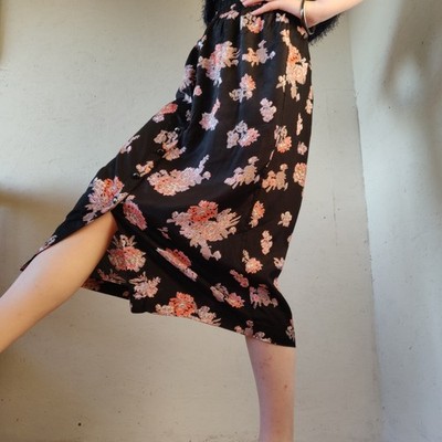 Vintage Kaffe Midi Skirt 38 Black Pink Floral Button Front Stretchy Waist Boho