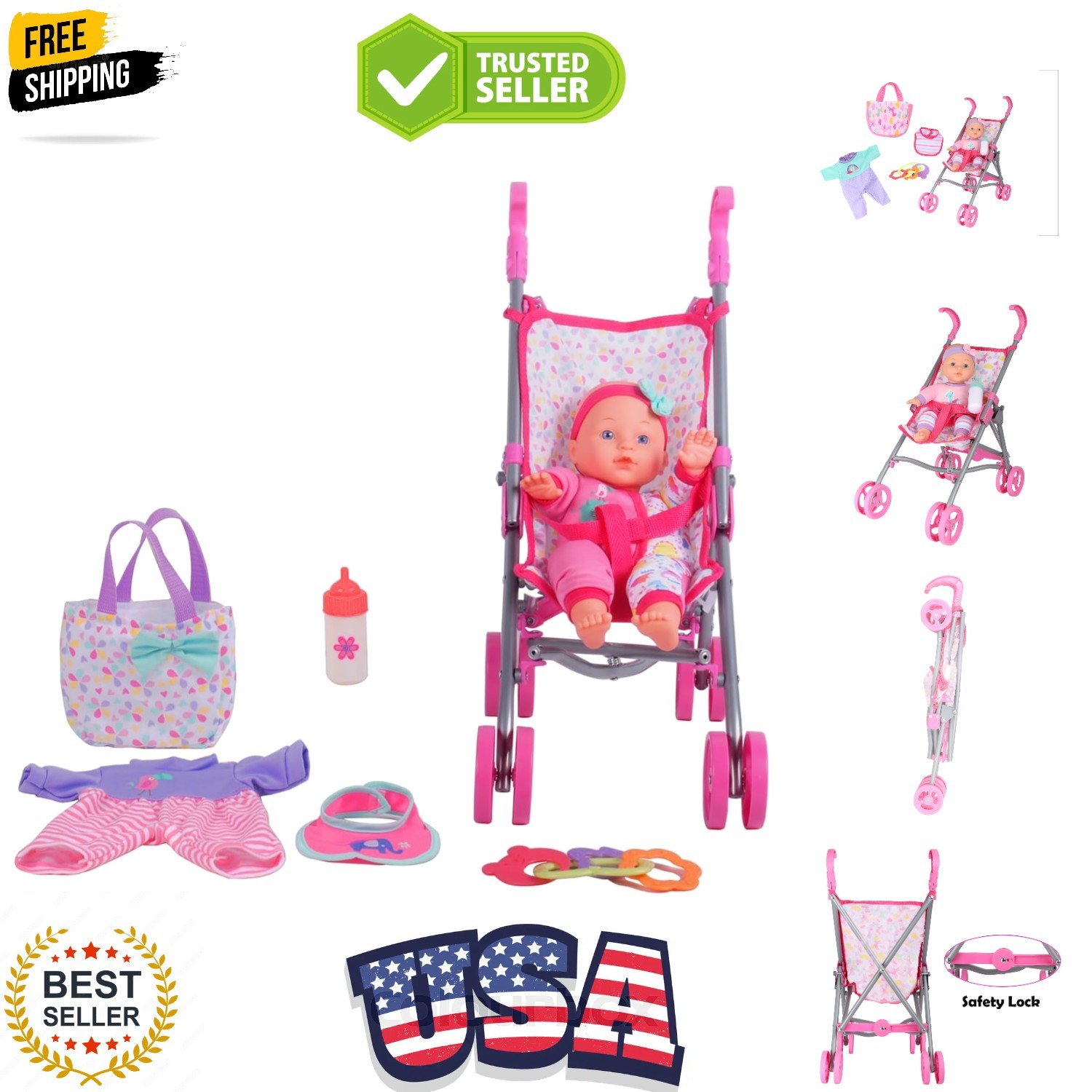Baby Doll Care Gift Set with Stroller - Lifelike Baby Doll and Accessories fo...