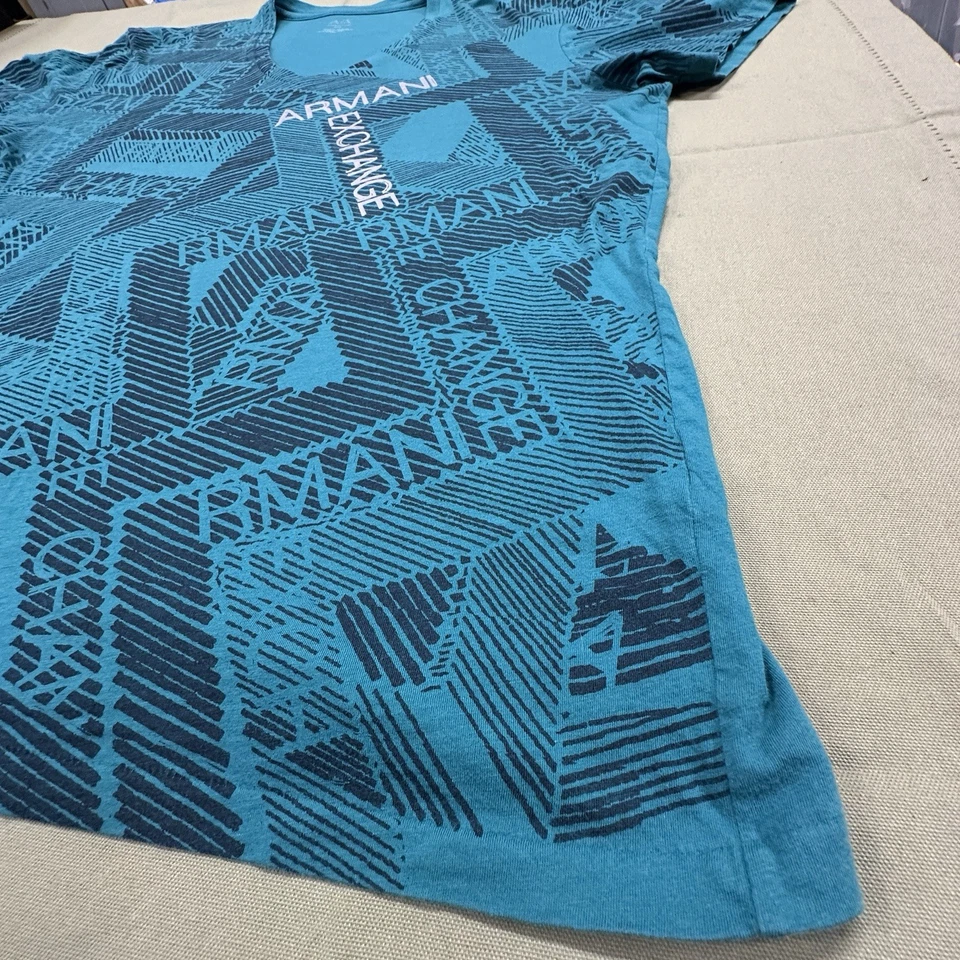 Armani Exchange Men’s AOP Logo T-shirt Blue Black XXL 2XL Large V Cotton V Neck - Image 4 of 4