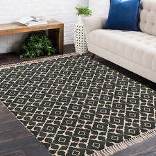 Handmade Black Cotton Area Rug Moroccan Trell...