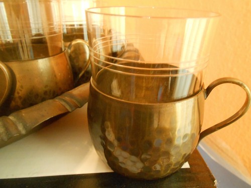 Messing Bowle gehämmert Jugendstil Tablett Bowle Gläser mit Messinghalter - Bild 4 von 6