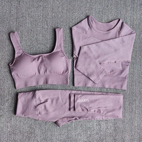 Women's Sportswear Yoga Set Sports Legging Bra Crop Top Long Sleeve Yoga Suit - Picture 5 of 51