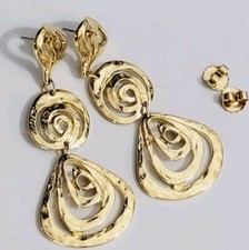 Vintage 3" Long Chunky Gold Triple Hoop Drop Earrings