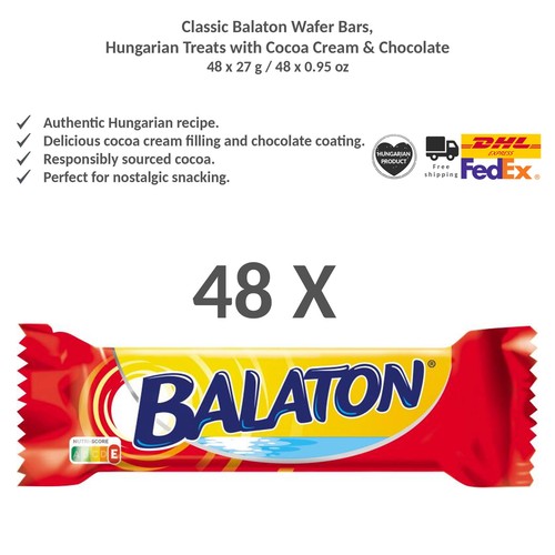 Classic Balaton Wafer Bars, Hungarian Treats Cocoa Cream & Dark Chocolate 27gx48 - Picture 1 of 10