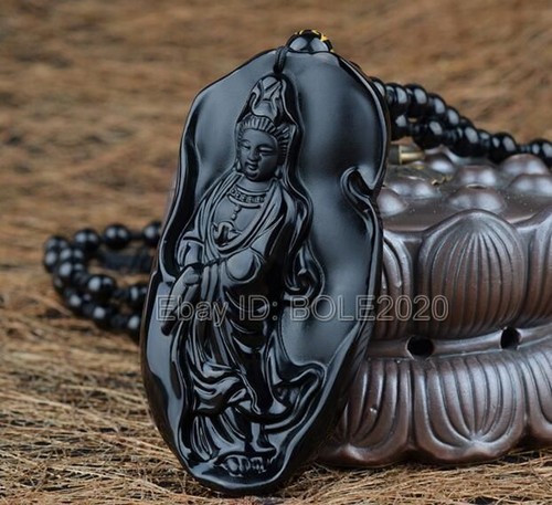 Natural Obsidian Carved Chinese Leaf GuanYin Buddha Amulet Pendant + Necklace - Picture 4 of 10