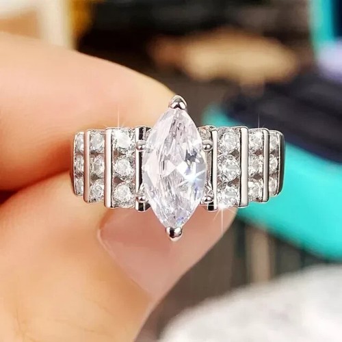 3Ct Marquise Real Moissanite Cluster Wedding Rings 14K White Gold Plated Silver - Picture 6 of 6
