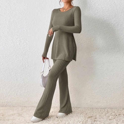 Casual Women Fall Winter Outfit Set Round Neck Long Sleeve Sweater Pants Suit - Picture 22 of 29
