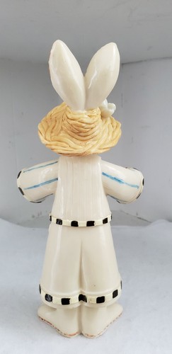 Vintage Mr & Mrs Easter Bunny Pair Plastic Figurines 2 White Brown Straw Hats - Picture 10 of 12