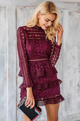Womens Summer Lace Self Ruffl Long Sleeve Evening Party Slim Fit Shorts Dress - Picture 6 of 7