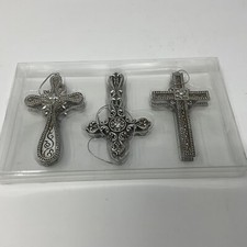 NEW Christian Crosses Christmas Ornaments Antique Silver Set of 3 resin 3.5"