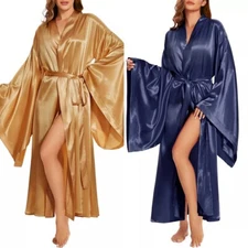 Silk Satin Women Sleepwear Robe Dresses Kimono Bathgown with Bowtie Long Sleeves