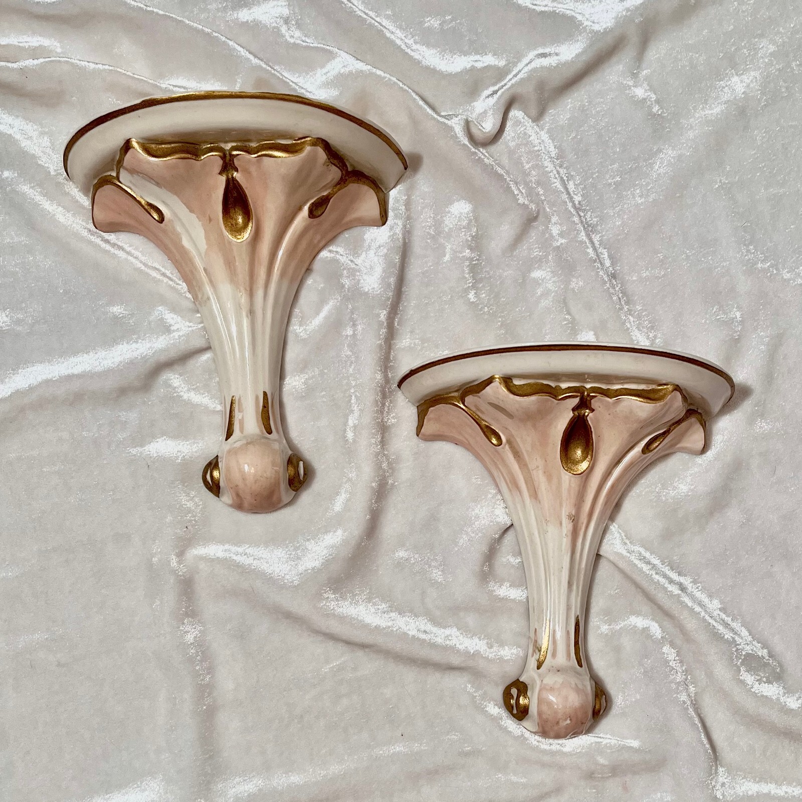 VTG 60's MCM Hollywood-Regency Italian Style Gilded Ceramic Wall Sconces