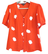 TB15053- BANANA REPUBLIC Women Slippery Blouse Puff Sleeve Floral Smocked Red XS