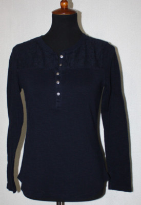 CHAPS Sz M Navy Blue Henley Peasant Top Crochet Lace Accent Long Sleeve