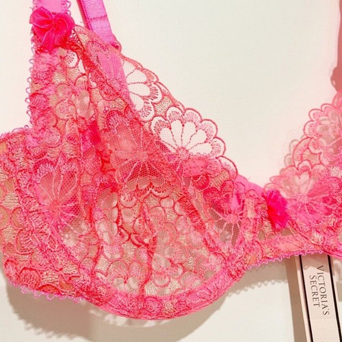 VS x For Love & Lemons Hot Pink Lace Bra S Delicate Intimates Feminine Vibrant - Picture 2 of 5