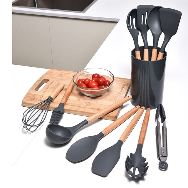 CORAFEI Silicone Cooking Kitchen 11 Pcs Acacia Wooden Utensils Tool for Nonstick for sale online