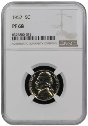 1957 Proof Jefferson nickel graded by NGC PF 68