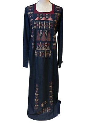 Women's Long CROSS-STITCH Navy Dress Fairy Goth Cabincore Modest RARE  Handmade