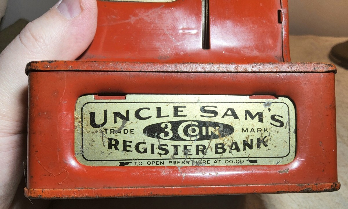 VINTAGE RED COLORED UNCLE SAM'S 3 COIN REGISTER BANK NICKELS-DIMES