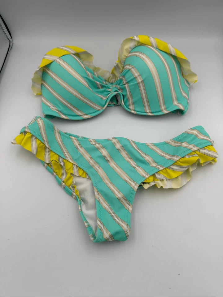 Conjunto de bikini Victoria's Secret para mujer azul metálico a rayas bandeau acolchado talla Foto 2 de 4