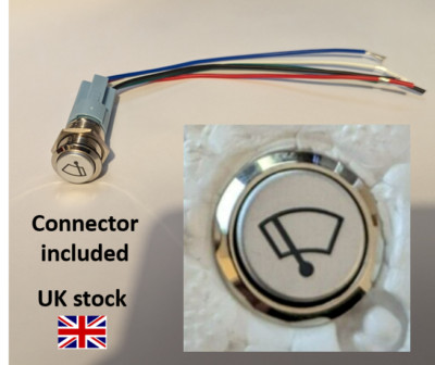 Chrome Wiper backlit latching 12V 3A push button switch 16mm IP65 IK10 UK STOCK