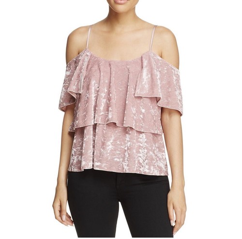 Show Me Your Mumu Womens Blouse Top Pink Velvet Ruffled Cold Shoulder Strap NWT - Picture 2 of 7