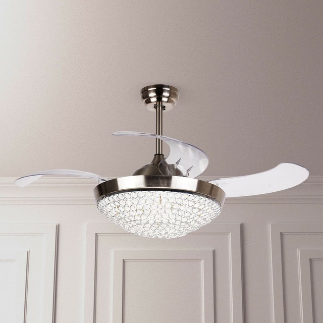 46 Ceiling Fan Led Lights Remote Control Retractable Crystal Chandelier Bedroom