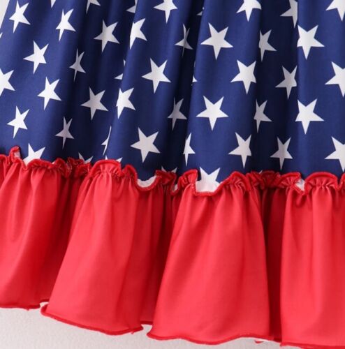 NEW Boutique 4th of July Girls Sleeveless Patriotic Stars & Stripes Ruffle Dress - Picture 4 of 12