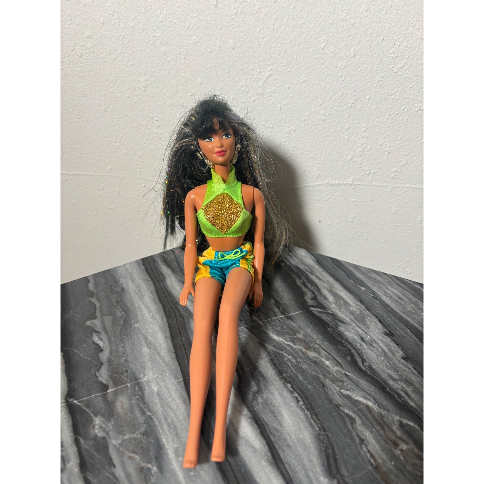Vintage 1986 Mattel Barbie Doll Black Tinsel Hair Neon Green Gold Crop Top 80s