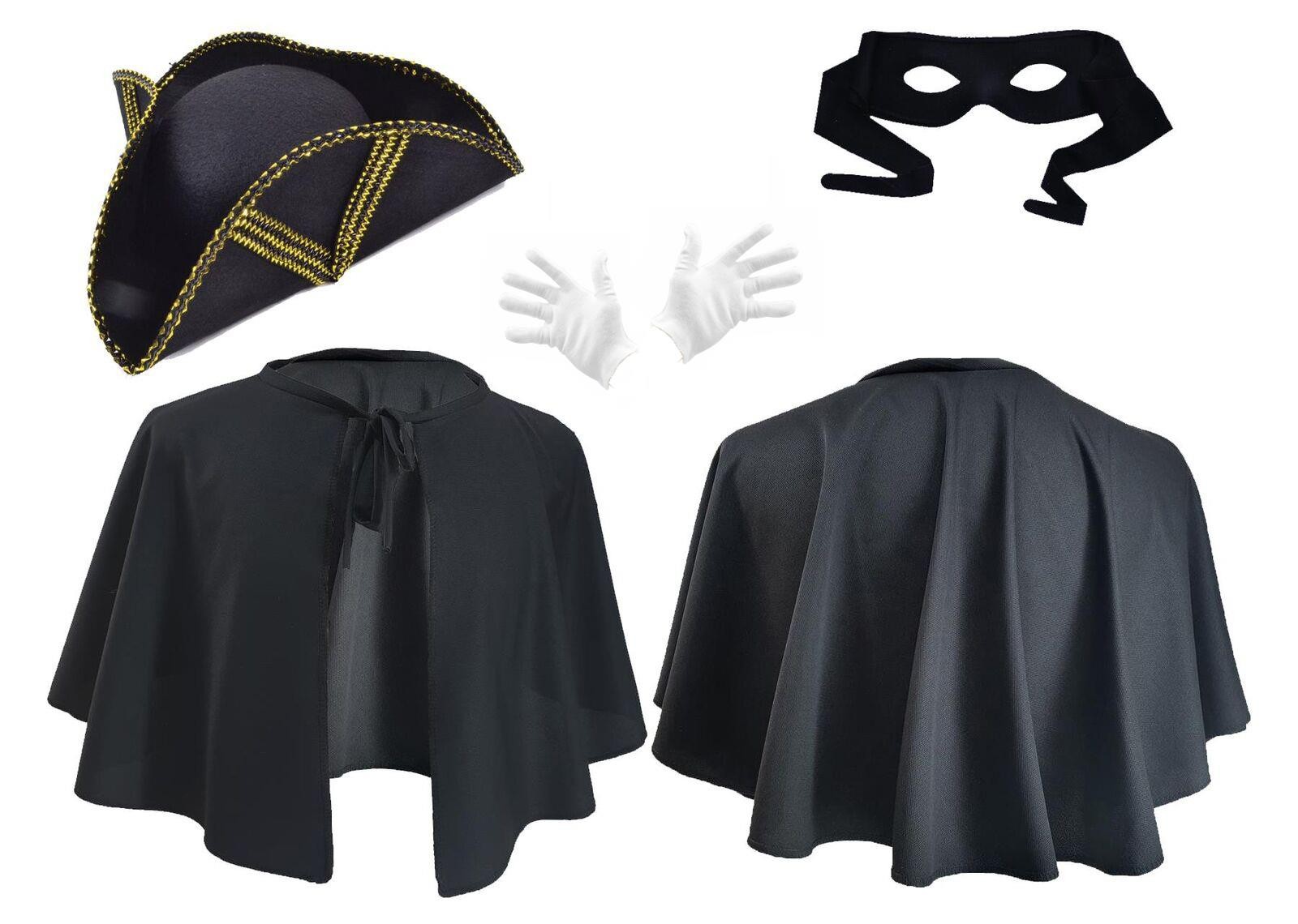 Adults Highwayman Mantle Cape Tricorn Hat, Gloves & Eye Mask Fancy Dress