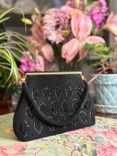 Vintage Black Glass Beaded Evening Bag Leaf Motif Gold Frame Top Handle 19