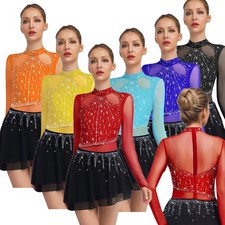 Women Rhinestone Halter Neck Lyrical Contemporary Ballet Dance Stage Performance