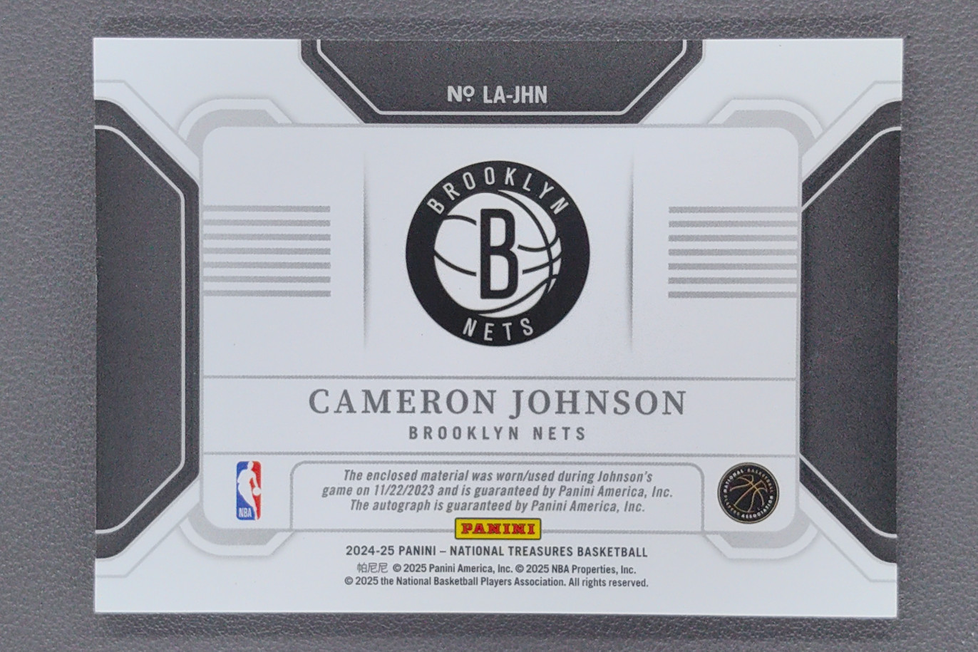 2024 Panini National Treasures Cameron Johnson Logoman Patch Auto Platinum 1/1 view 2