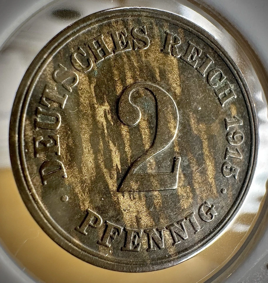 1915 German Emp. 2 Pfennig, Unique/Rare Striped Tone, Muldenhutten Mint. - Image 2 of 2