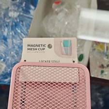 Magnetic Mesh Locker Style Pencil Holder Pink Metal 3.5 x 3.4 x 4.5 in