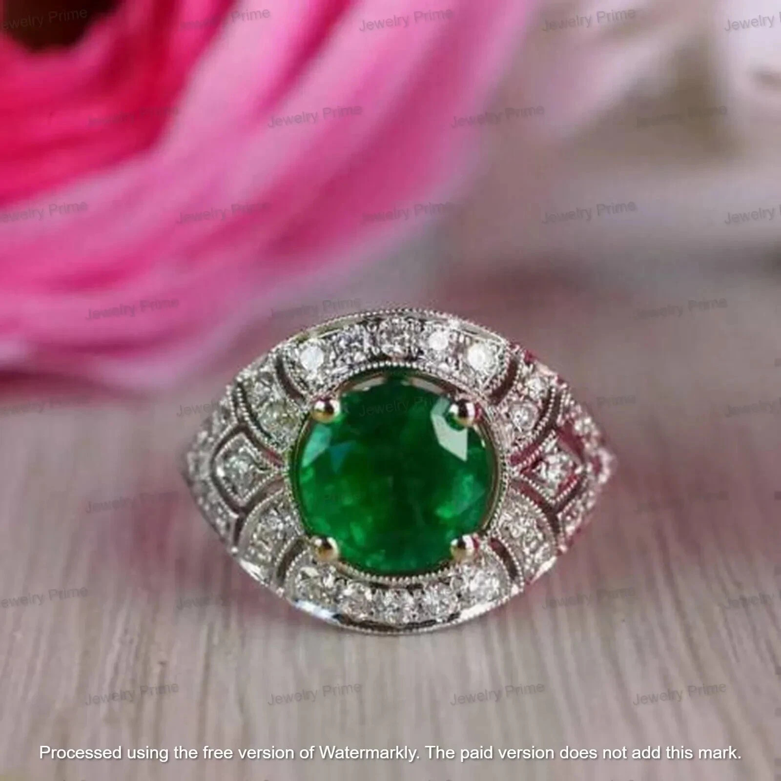 2Ct Round Cut Lab-Created Emerald Art Deco Ring 14k White Gold Plated Silver