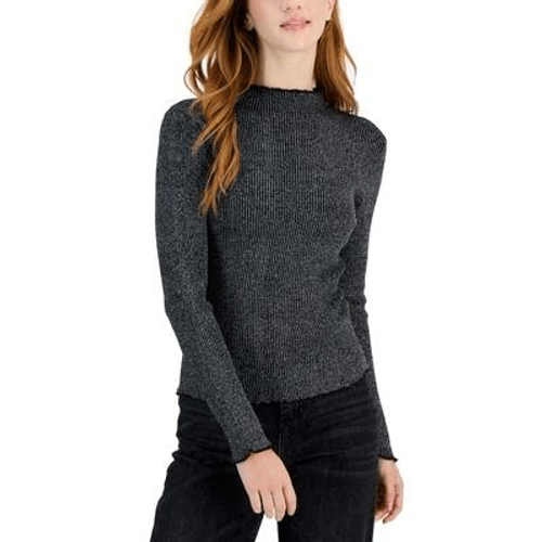 Crave Fame Juniors' Ribbed Mock-Neck Lurex Sweater - Black Size S