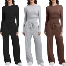 Women's Outfits Lounge Sets Long Sleeve Tops Wide Leg Pants Casual Matching Set