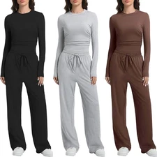 Women's Outfits Lounge Sets Long Sleeve Tops Wide Leg Pants Casual Matching Set