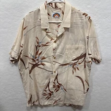 Vintage Paradise Found Hawaiian Shirt Floral Brown Design Tan Shirt Large HTF