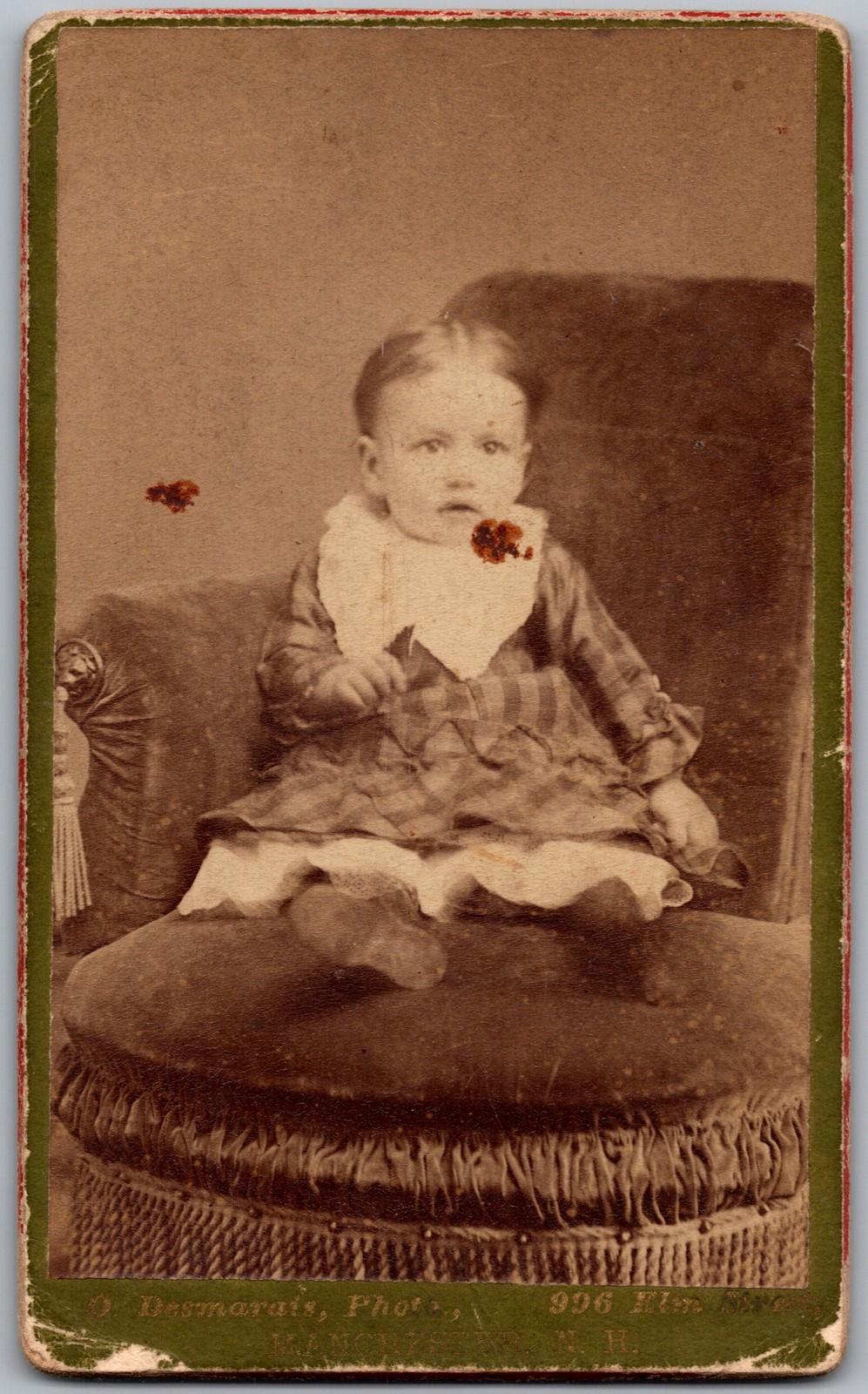 Antique CDV Circa 1880s O. Desmarais Cute Baby In Dress Manchester New Hampshire