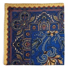 Blue  Cream Yellow Floral Ancient Madder Silk Pocket Square Hand-Rolled 