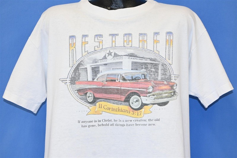 vintage 90s RESTORED BEL AIR CAR II CORINTHIANS 5:17 BIBLE VERSE t-shirt XL