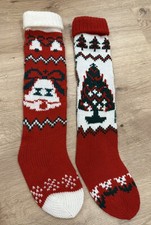 VTG Christmas Knit Stockings Lot Of 2 Pom Poms Extra Long