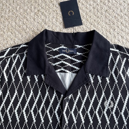 BNWT Fred Perry Argyle Print Revere Shirt Button Up Navy Mens XL Extra Large - Imagen 5 de 16