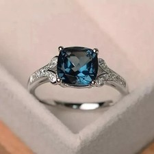 2.20Ct Cushion Lab-Created London Blue Topaz Engagement Ring White Gold Plated