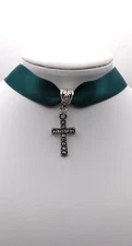 Choker Necklace Antique Silver Rhinestone Cross Teal Ribbon Jesus Adjustable USA