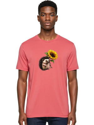 Hedgehog-And-Sunflower Mens Graphic Tee, 100% Cotton, Casual Summer Wear