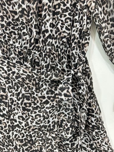 Decjuba Dress Women 12 Black Animal Print Knee Length Faux Wrap Lined High Neck - Picture 9 of 14